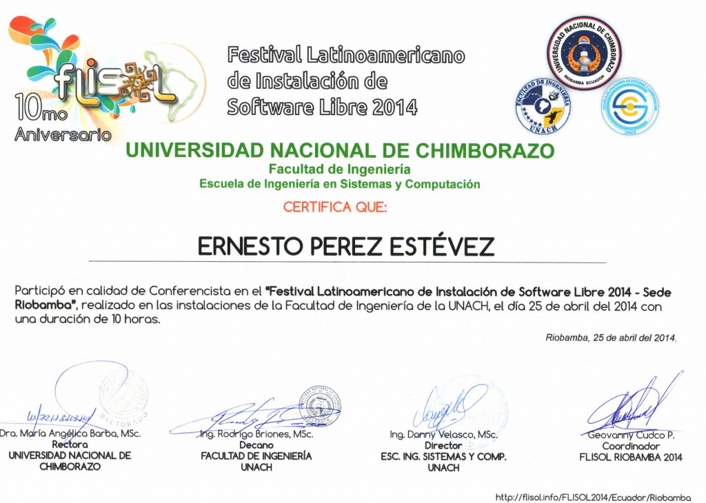 Certificado FLISOL 2014 UNACH Riobamba